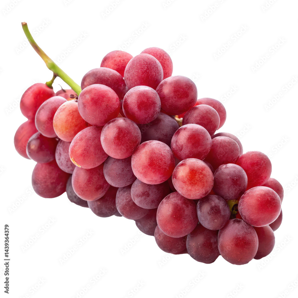 Poster Bunch of fresh red grapes with tight cluster is isolated on transparency background, showcasing their vibrant color and smooth texture