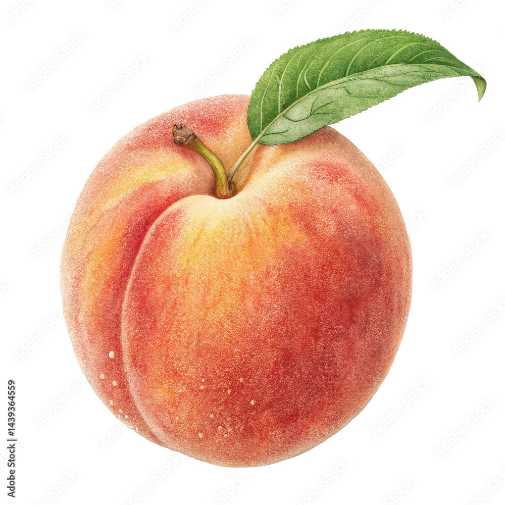 Poster ripe, fuzzy peach with vibrant red and yellow surface and green leaf attached, isolated on transpare