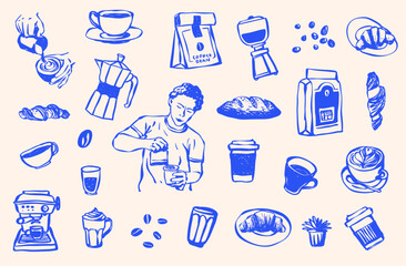 Hand Drawn Coffee Shop Clip Art, Coffee Cup,  Doodle Line Drawing Latte, Americano, Cappuccino, Street Coffee, Coffee Machine, Caffeine, Coffee Icons, Brunch Food Vector SVG