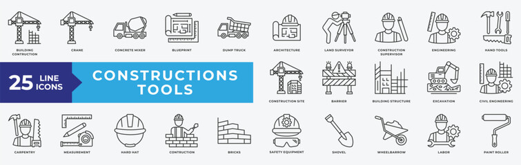 Construction Tools icon set with building construction, crane, concrete mixer, architecture, supervisor, engineering, hand tools, construction site, building structure and civil engineering