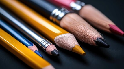 Close-up of assorted pencils on dark surface, school supplies
