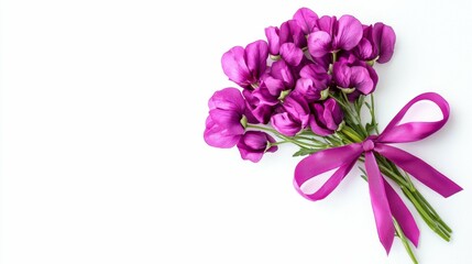 Vibrant Purple Flowers with Bow on White Background for Celebrations and Special Occasions