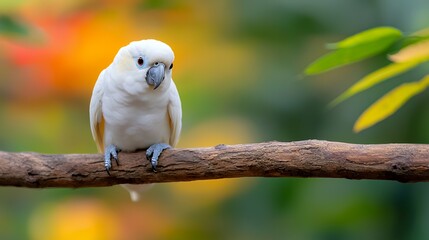 White Bird Perched on Branch with Colorful Bokeh Background