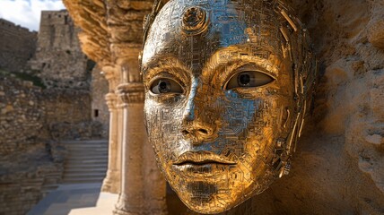 Golden robotic face sculpture stands amidst ancient ruins in a historical site during daylight