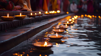 Oil lamp festival in India, close up view of river steps with diya lamps floating on water, people praying in traditional attire in background, Ai generated images.