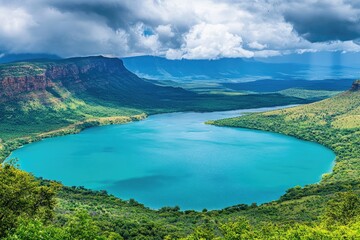 Panoramic view of a vibrant turquoise crater lake nestled in a mountainous landscape. Lush vegetation surrounds the tranquil waters