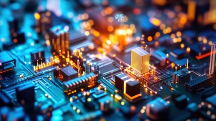 Obraz premium Close-up view of a futuristic cityscape on a circuit board illuminated by bright lights at night