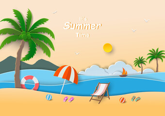 Paper art style with summertime concept on beach background