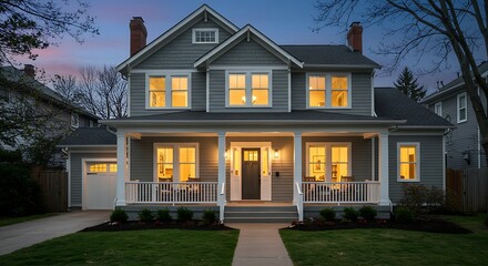 Soft interior lights spill onto the inviting front porch of a lovely gray two-story home as the sky transitions into evening hues.
