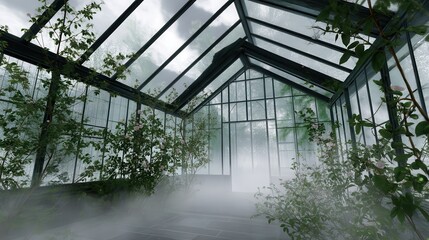 An abandoned Victorian greenhouse, overrun by black roses and thorny vines, mist filling the cracked glass ceiling, photorealistic, gothic style.
