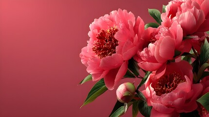 Obraz premium Peonies in Bloom: The vibrant pink petals of lush peonies unfurl, a captivating display of floral beauty against a rich backdrop, representing blossoming vitality and delicate aesthetic.