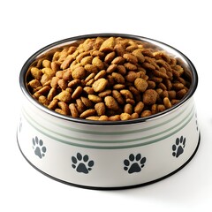 A bowl of dry dog food, isolated on a white background