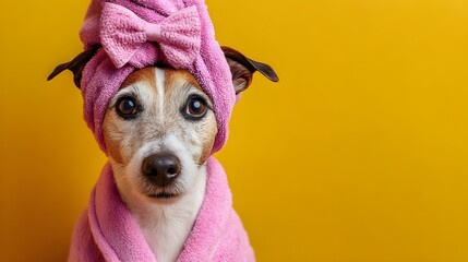 Pampered Pup: A Jack Russell Terrier in a pink robe and a towel on its head, capturing a look of comical contentment, against a vibrant yellow background.