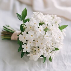 White flowers bouquet with green leaves rests on a white fabric, exuding elegance and natural beauty. A symbol of purity and grace.