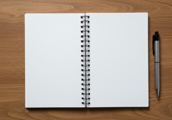 Open spiral notebook mockup with pen on wooden background