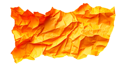 Wrinkled orange paper sheet isolated, cut out transparent