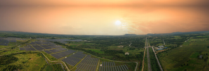 Aerial bird view photo of photovoltaic power station also known as a solar park is large-scale...