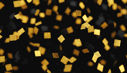 Gold Confetti Squares Falling on Black Background, Shiny Metallic Glitter, Elegant Festive Celebration, Minimalist Luxury Design with Depth, Motion, Sparkle, Reflection, and Dramatic Contrast