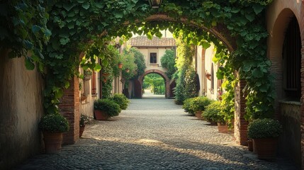Fototapeta premium Cobblestone alleyway adorned with lush greenery and pots