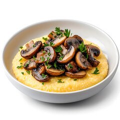 Polenta with mushrooms italian food on plate, isolated on white