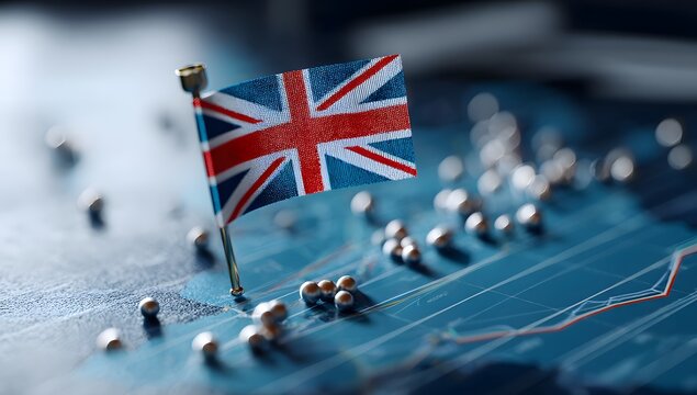 United Kingdom Flag on a World Map with Financial Data - Powered by Adobe