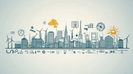 Obraz premium Urban Skyline with Renewable Energy Symbols and Modern Icons for Eco-Friendly Projects