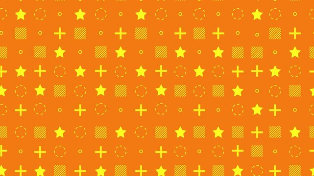 Yellow and orange pattern of stars, circles, plus signs, and squares. Great for backgrounds, wallpapers, packaging, and textile design projects.