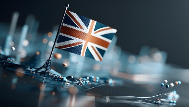 United Kingdom Flag on Abstract Technological Network Map - Powered by Adobe