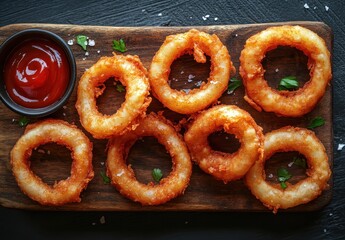 Crispy fried onion rings served on a wooden board with a side of ketchup and fresh parsley garnishment against a dark background