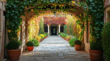 Garden pathway lined with vibrant greenery and potted plants