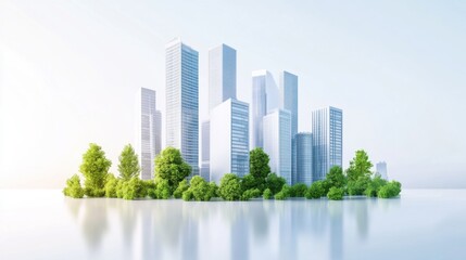 Fototapeta premium Modern Urban Cityscape Surrounded by Lush Green Trees Under Clear Blue Sky