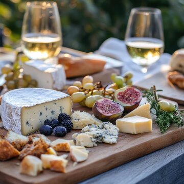 An inviting cheese board laden with assorted cheeses, fresh figs, grapes, and berries, paired with crisp white wine for an elegant outdoor tasting.