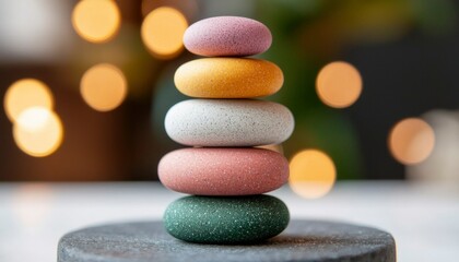 Stacked colorful stones on a dark base