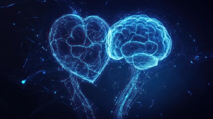 Heart brain connection; abstract art; dark background; medical concept