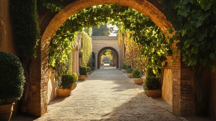Fototapeta premium Garden pathway with arches covered in greenery at sunset