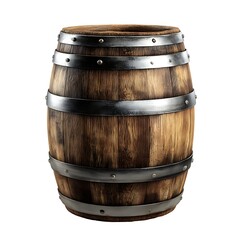 Fototapeta premium A rustic wooden barrel with metal bands, isolated on a white background