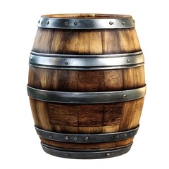 Fototapeta premium A rustic wooden barrel with metal bands, isolated on a white background