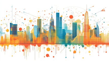 Colorful Abstract City Skyline Illustration with Geometric Shapes and Bright Patterns