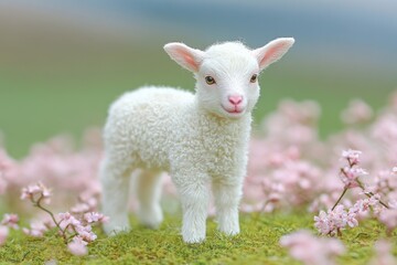 Obraz premium A fluffy, adorable lamb stands amidst a field of flowers.