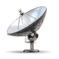 A satellite dish, also known as a parabolic antenna, isolated on a clean white background