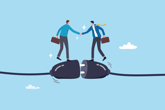 Business connection, teamwork collaboration, join force or agreement for success, partnership communication or customer support concept, businessman partner handshake on connecting electric plug.