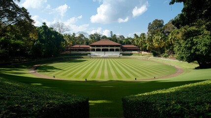 Lush lawn, grand hall, tropical setting