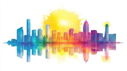 Fototapeta premium Vibrant City Skyline with Reflection and Sunburst in Bright Watercolor Style