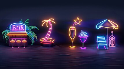 Four 3D neon beach bar icons in one set for Instagram highlights and outline icons