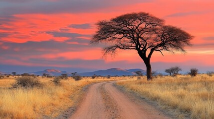 African Sunset Landscape with Acacia Tree and Road