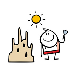 Funny little boy holds a dustpan and plays on the beach. Vector illustration a cartoon stickman in swimming trunks built a magnificent sand castle.