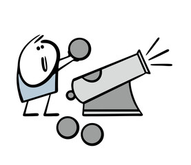 Stickman loads antique weapons. Vector cartoon illustration, a man holding a cannon ball, a funny cannon shooting at enemies. Military equipment, battle, attack or defense of the fortress.