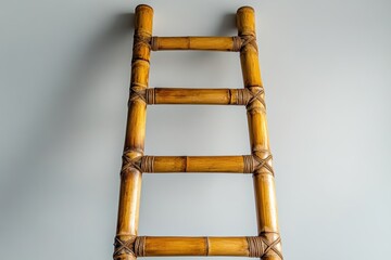 Bamboo ladder positioned vertically against a simple wall