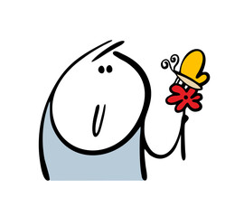 Cartoon stickman looks at the flower with emotion. Vector illustration of a butterfly collecting nectar. Insect and plant, summer nature.