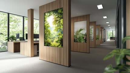 Obraz premium Modern office hallway with nature-inspired panels